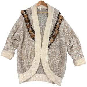 Vintage Oversized Mohair Wool Blend Pom Pom Open Front Cardigan Sweater Large